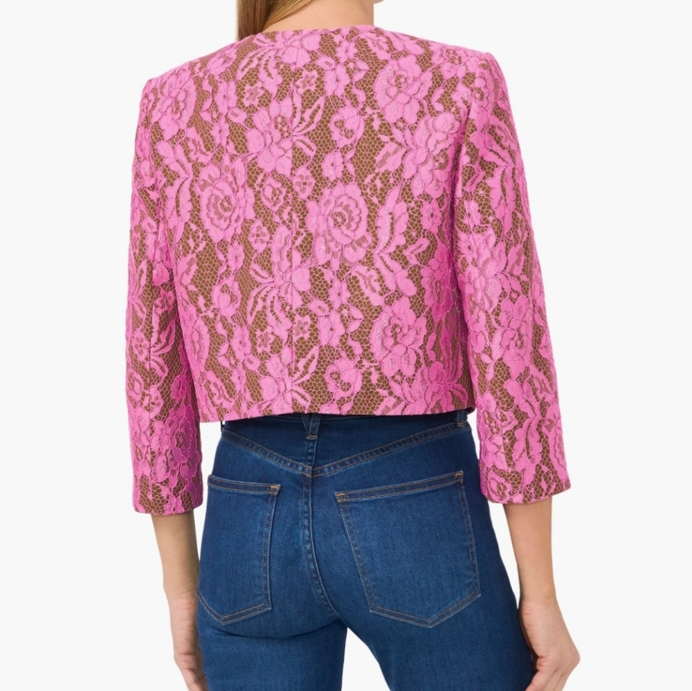 CeCe Antique Olive W/Pink Lace/ Rhinestone Button Cropped Collarless Jacket: XS - Picture 3 of 16